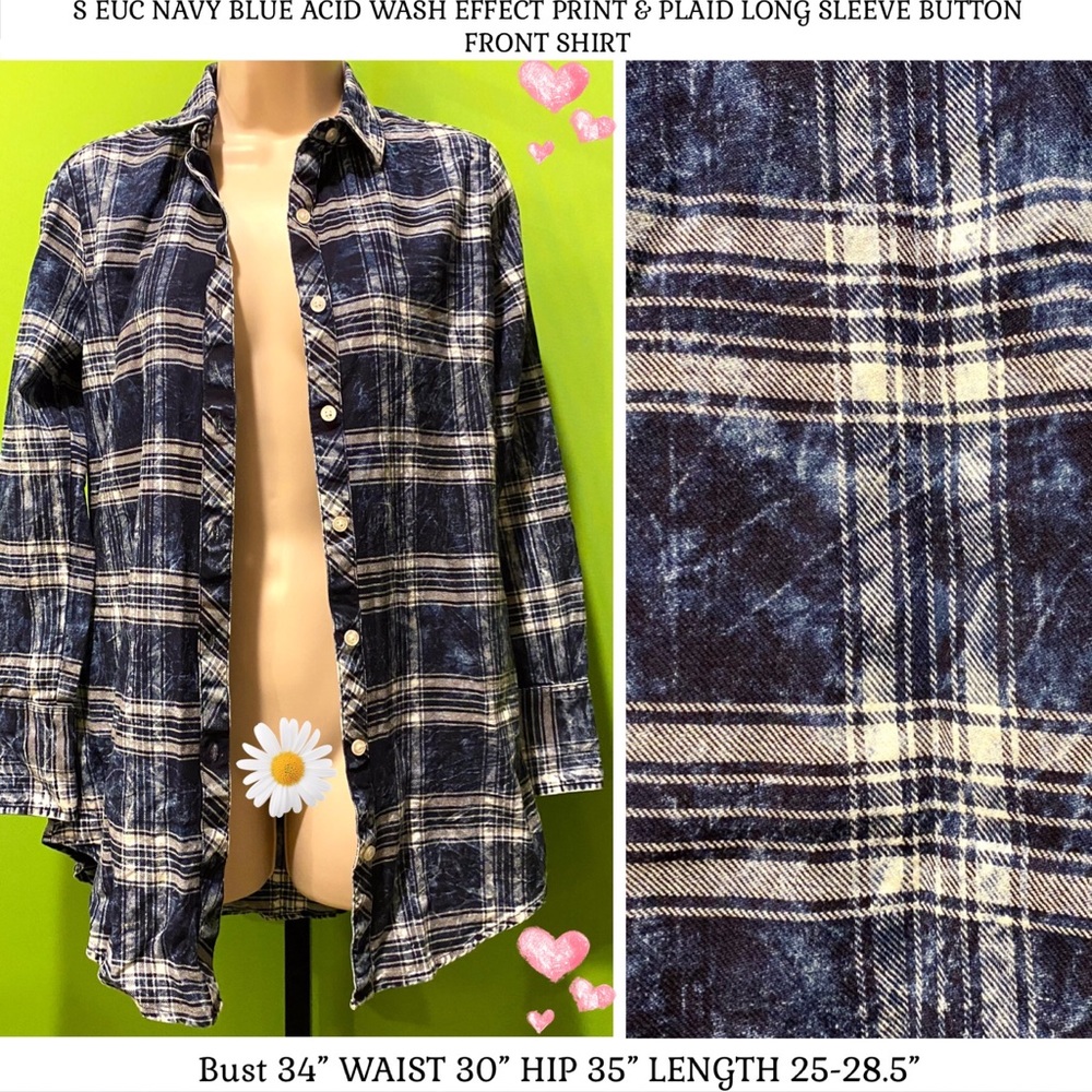 S EUC NAVY BLUE ACID WASH EFFECT PRINT & PLAID LONG SLEEVE BUTTON FRONT SHIRT